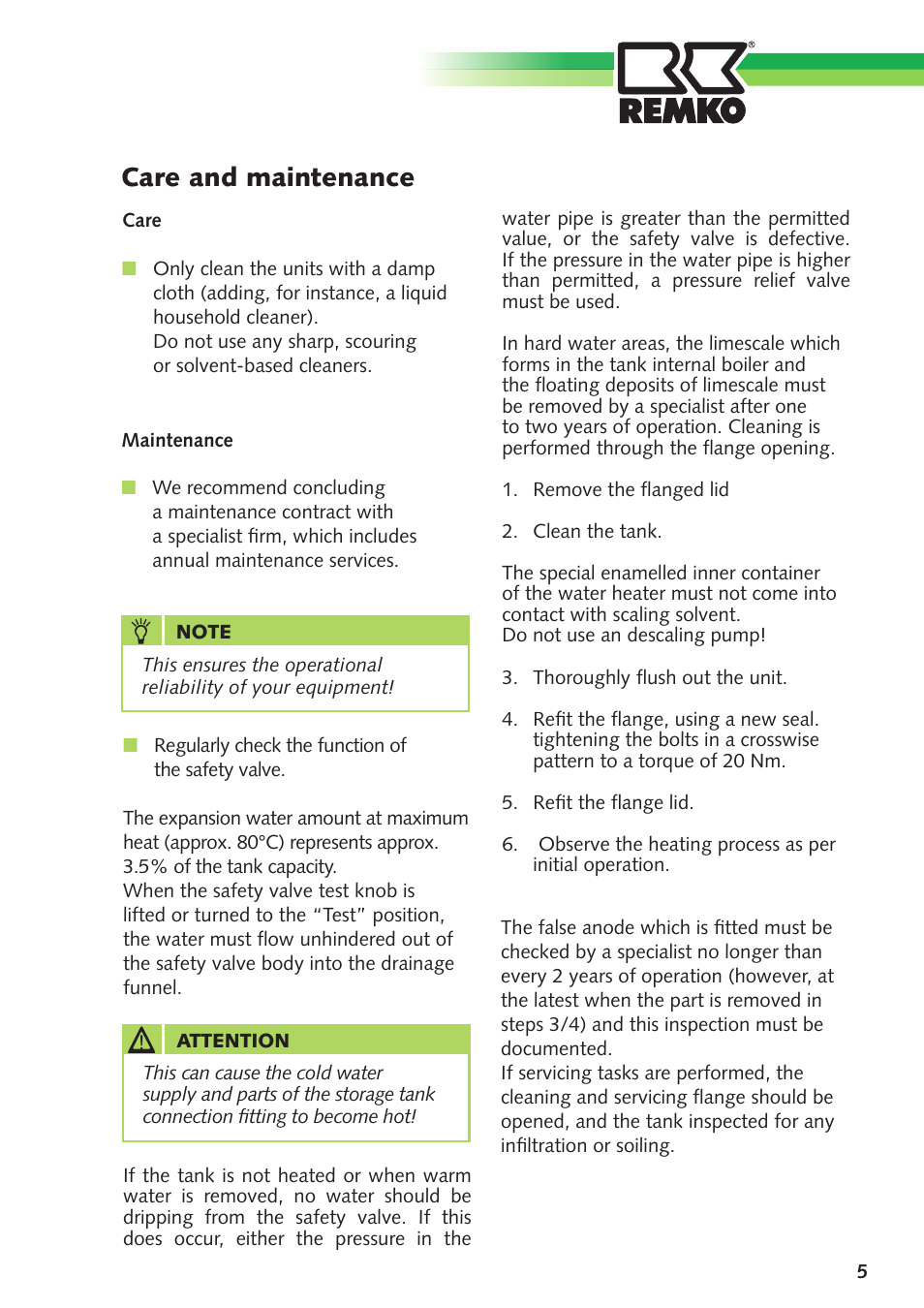 Care and maintenance | REMKO Elektric Booster Heater with Emergency Heating Switch User Manual | Page 5 / 12