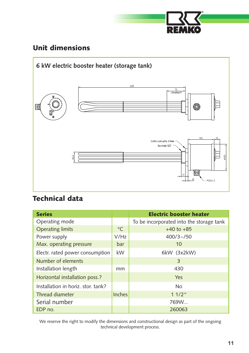 Unit dimensions, Technical data | REMKO Elektric Booster Heater User Manual | Page 11 / 12