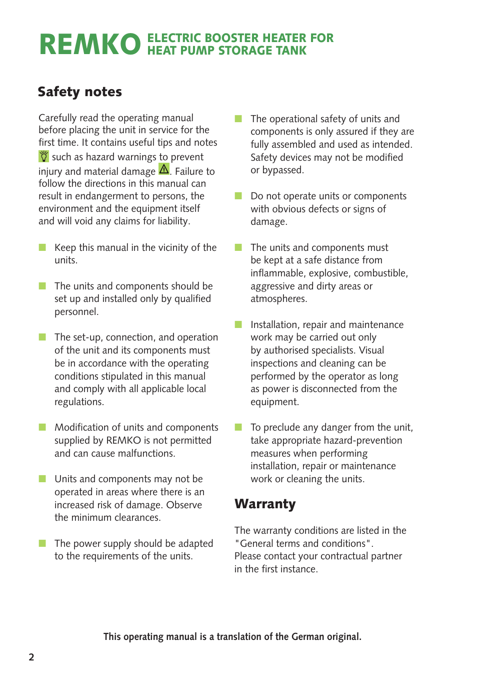 Remko, Warranty | REMKO Elektric Booster Heater User Manual | Page 2 / 12