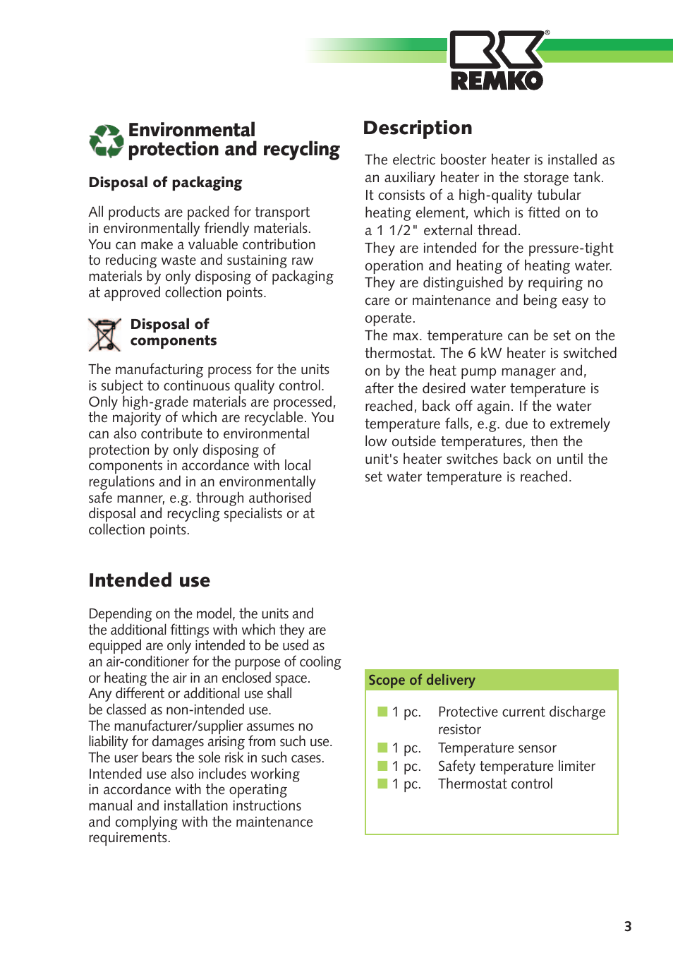 Description, Environmental protection and recycling, Intended use | REMKO Elektric Booster Heater User Manual | Page 3 / 12