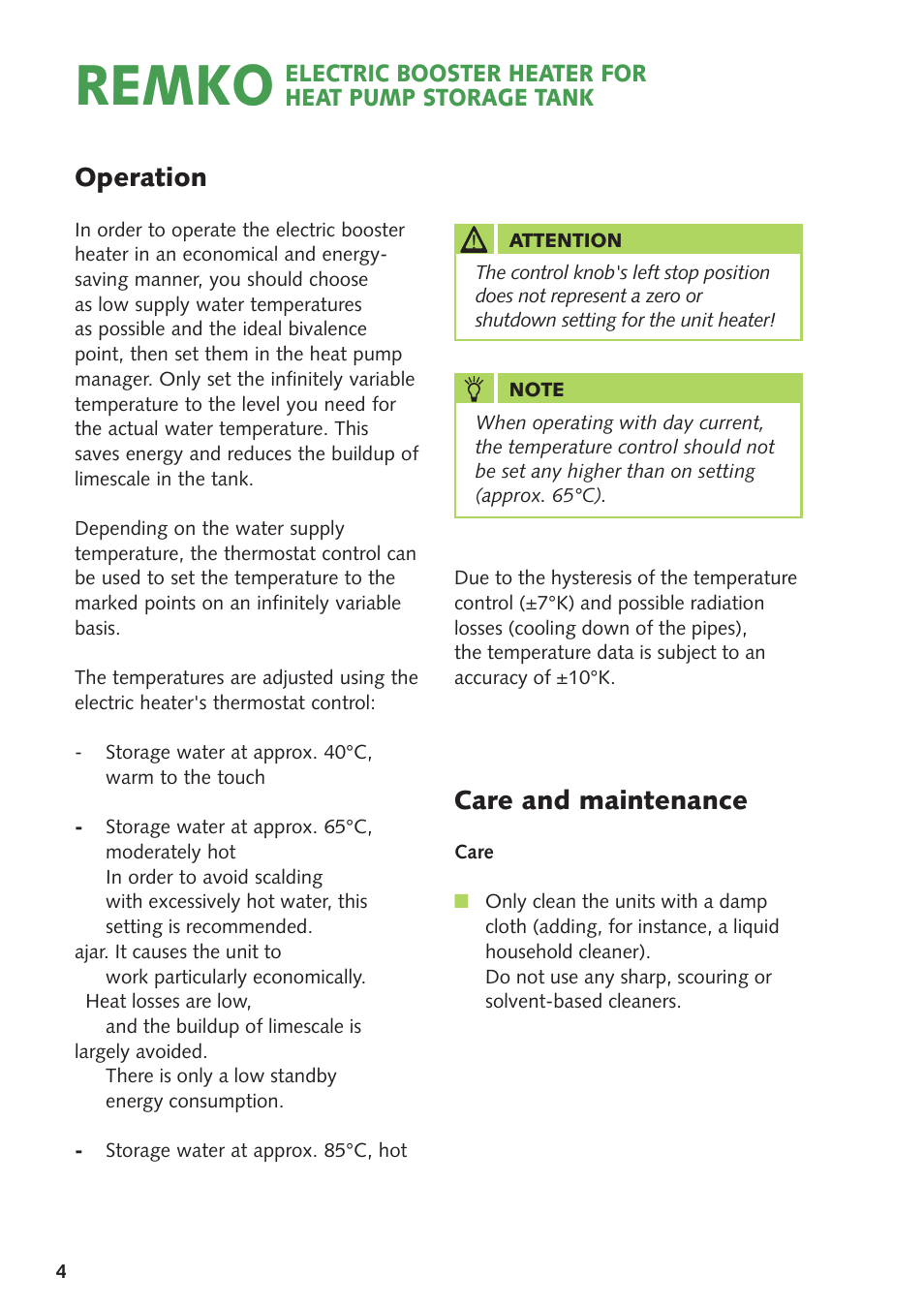 Remko, Operation, Care and maintenance | REMKO Elektric Booster Heater User Manual | Page 4 / 12