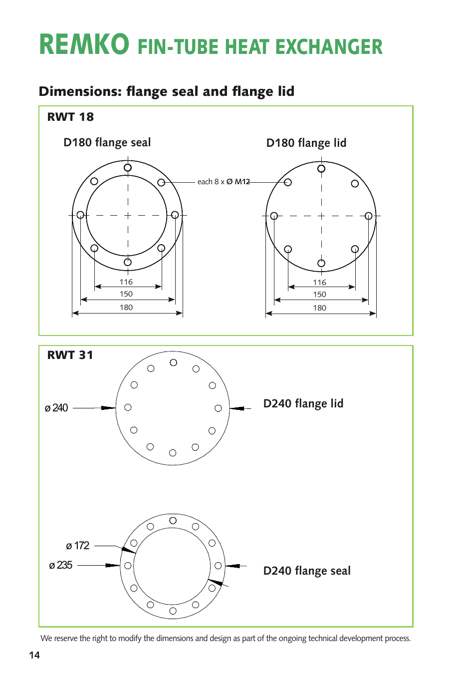 Remko, Fin-tube heat exchanger, Dimensions: flange seal and flange lid | REMKO Fin-tube heat exchanger User Manual | Page 14 / 16