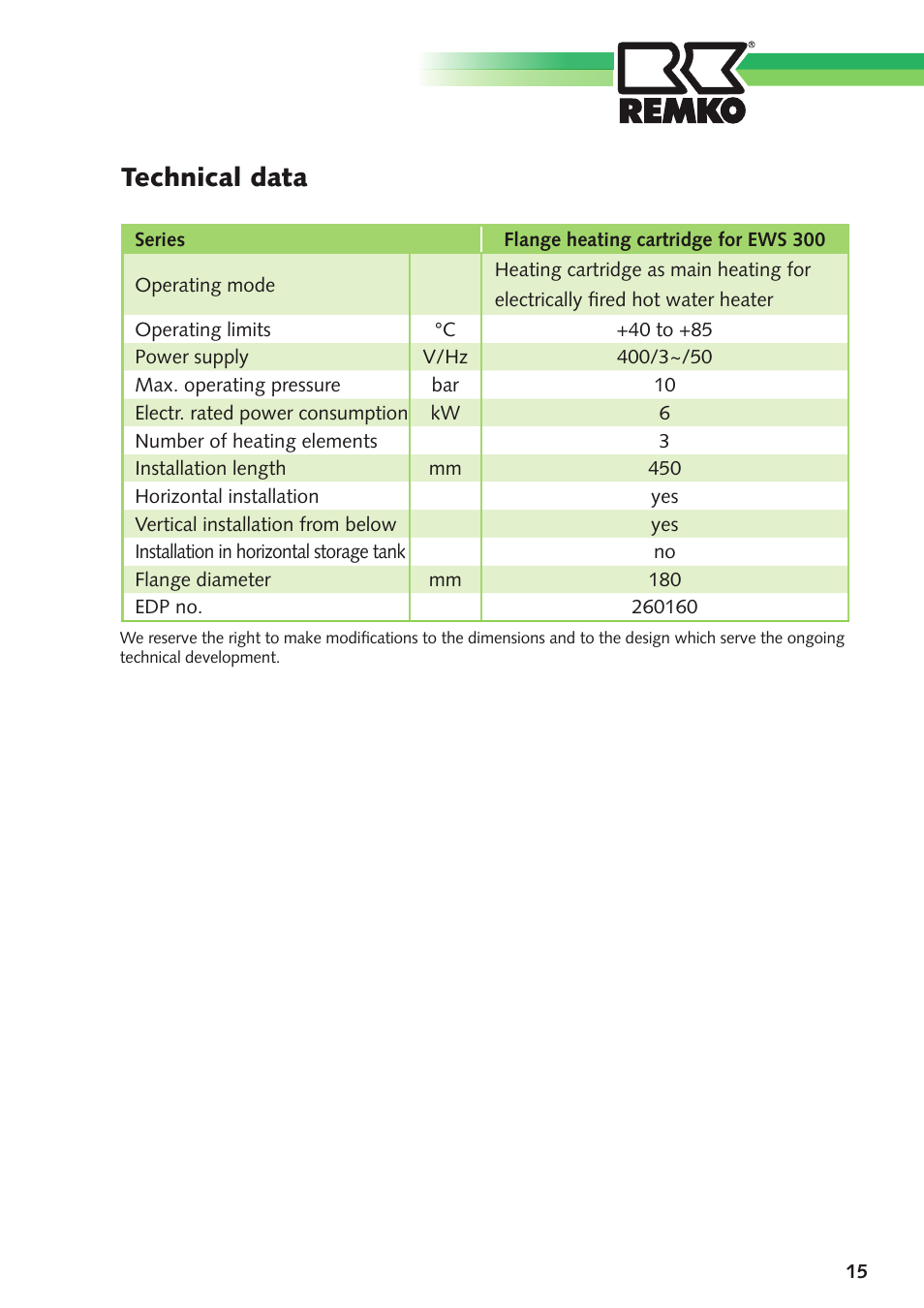 Remko, Flange heating cartridge, Technical data | REMKO Flange Heating Cartridge User Manual | Page 15 / 16