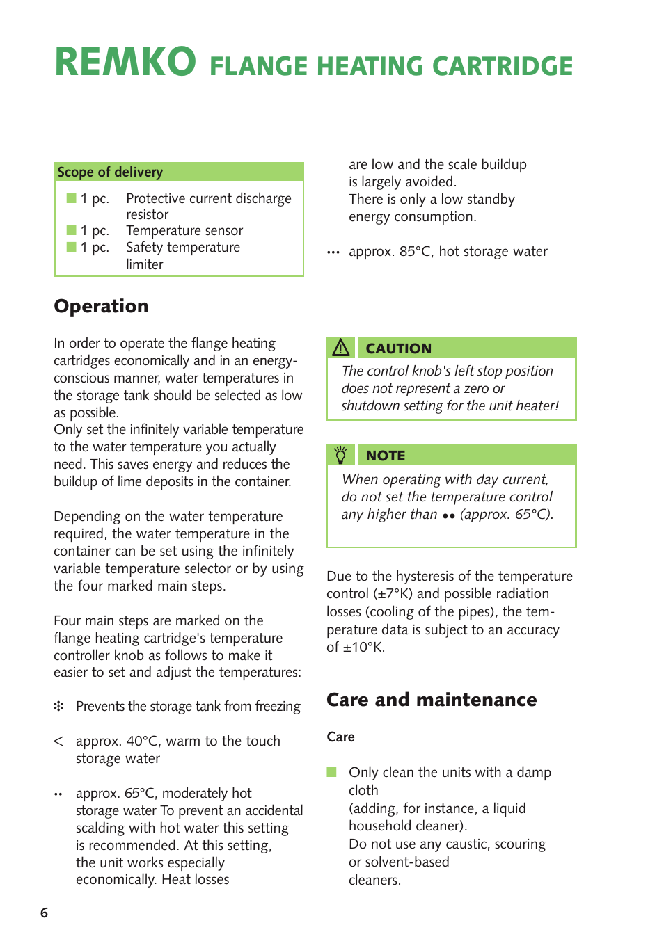 Remko, Flange heating cartridge, Operation | Care and maintenance | REMKO Flange Heating Cartridge User Manual | Page 6 / 16