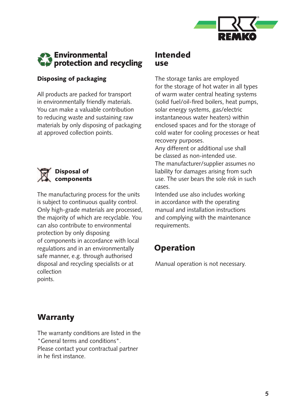 Warranty, Environmental protection and recycling, Operation | Intended use | REMKO KPS300 User Manual | Page 5 / 12