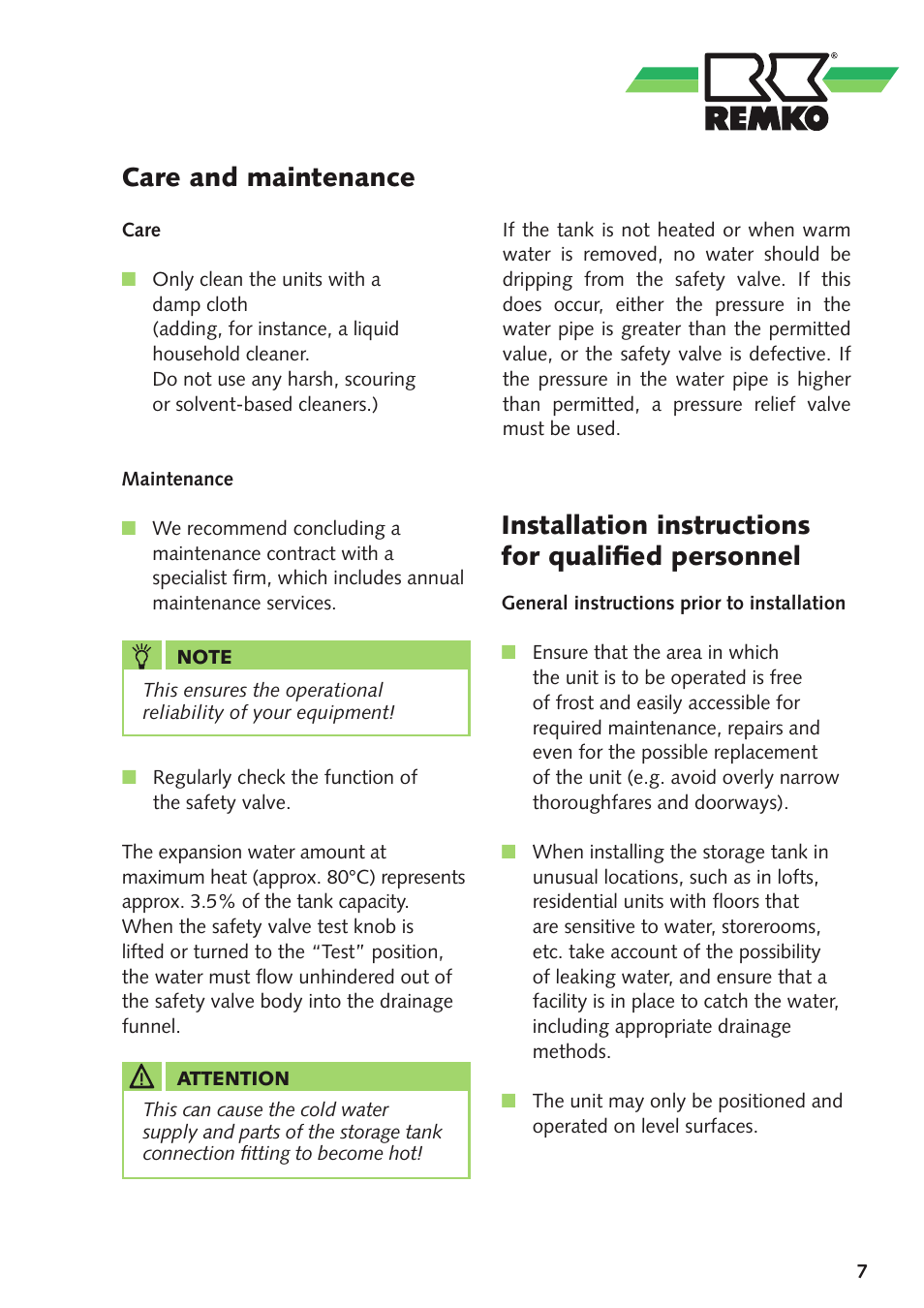 Care and maintenance, Installation instructions for qualified personnel | REMKO KPS300 User Manual | Page 7 / 12