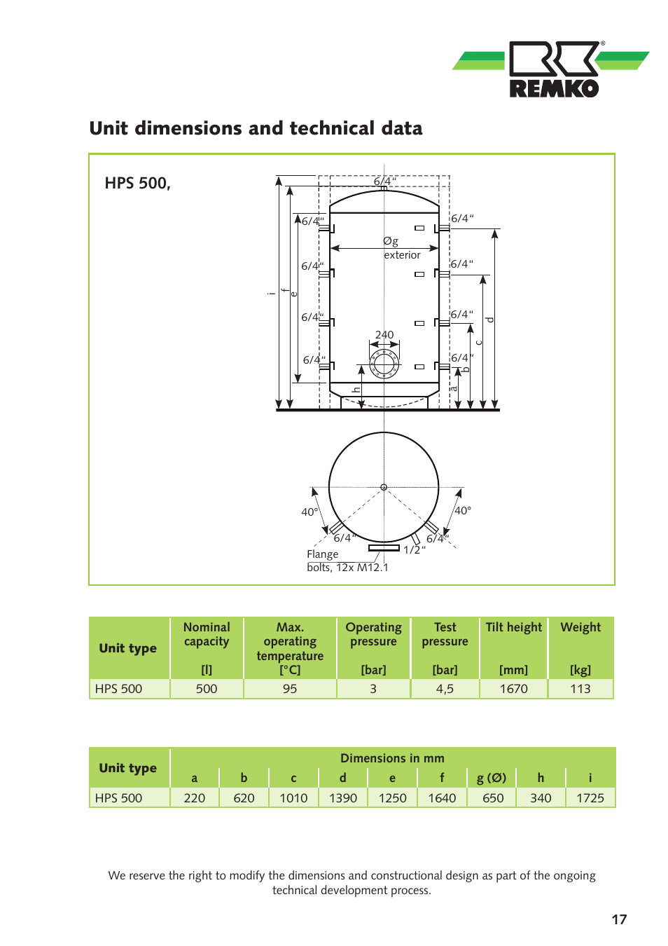 Unit dimensions and technical data, Hps 500 | REMKO HPS500 User Manual | Page 17 / 20