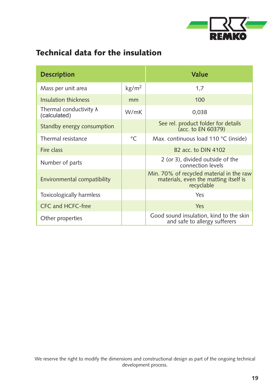 Technical data for the insulation | REMKO HPS500 User Manual | Page 19 / 20