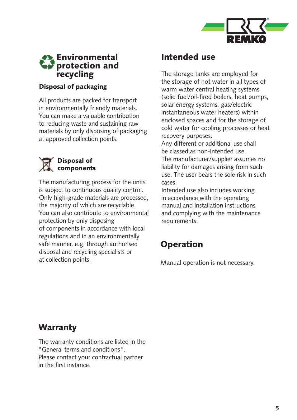 Warranty, Environmental protection and recycling, Intended use | Operation | REMKO HPS500 User Manual | Page 5 / 20