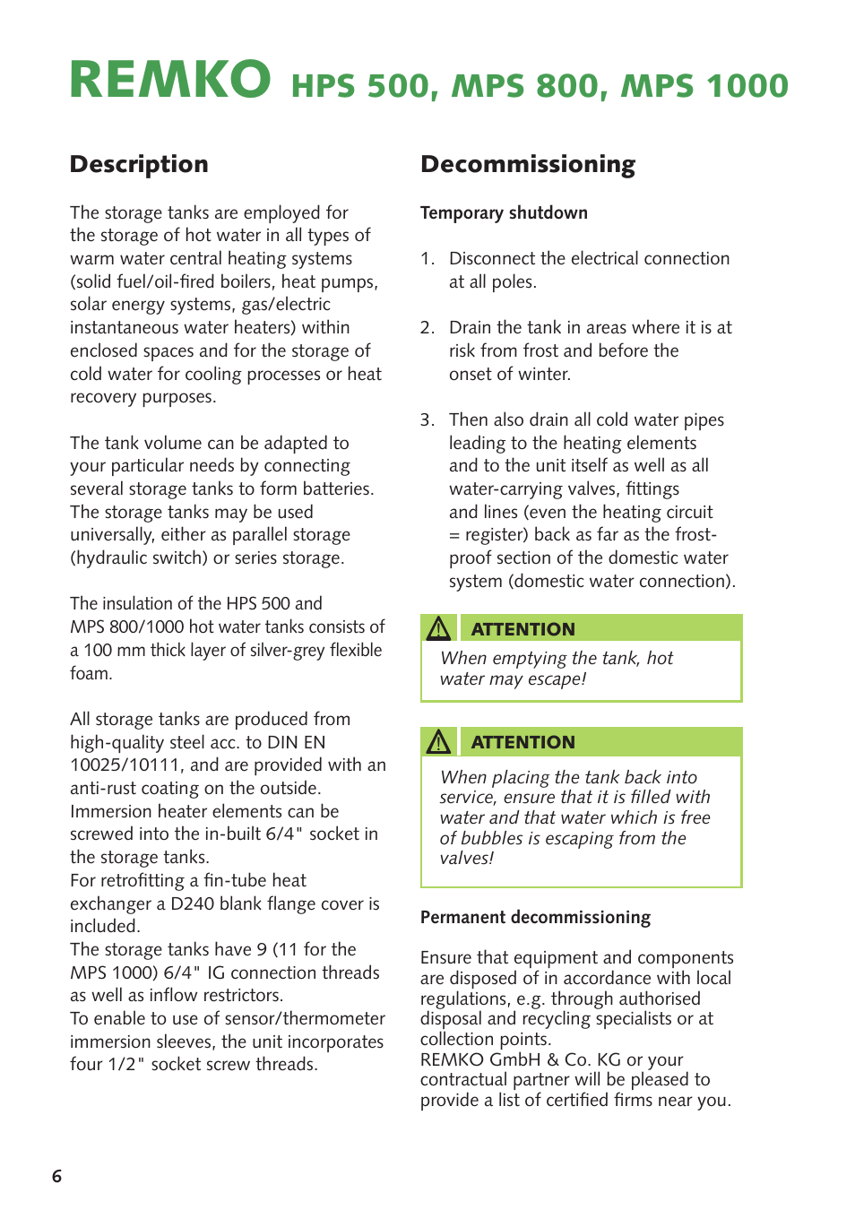 Remko, Decommissioning, Description | REMKO HPS500 User Manual | Page 6 / 20