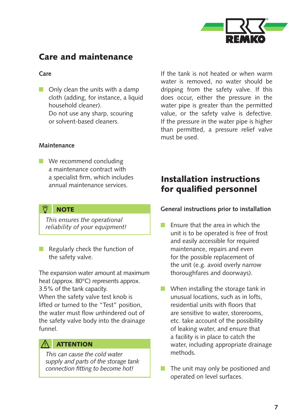 Care and maintenance, Installation instructions for qualified personnel | REMKO HPS500 User Manual | Page 7 / 20