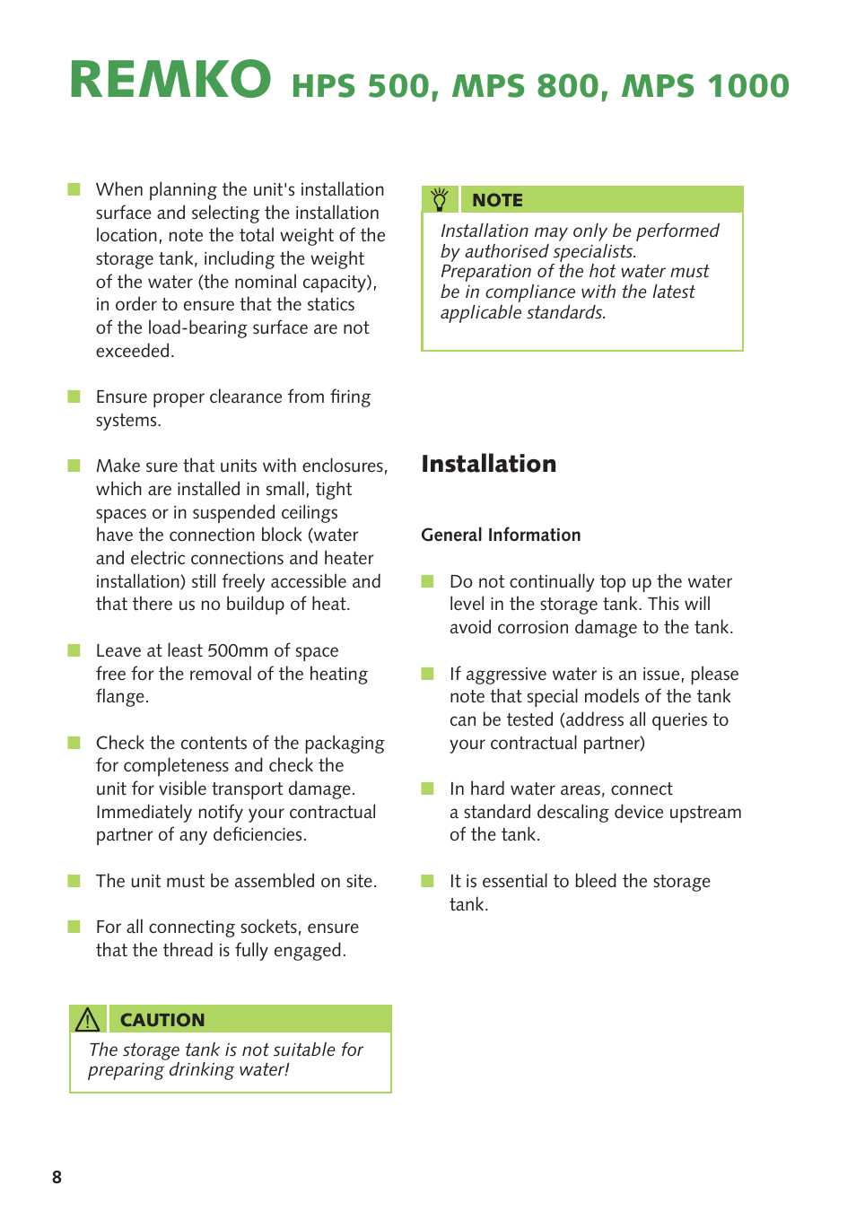 Remko, Installation | REMKO HPS500 User Manual | Page 8 / 20
