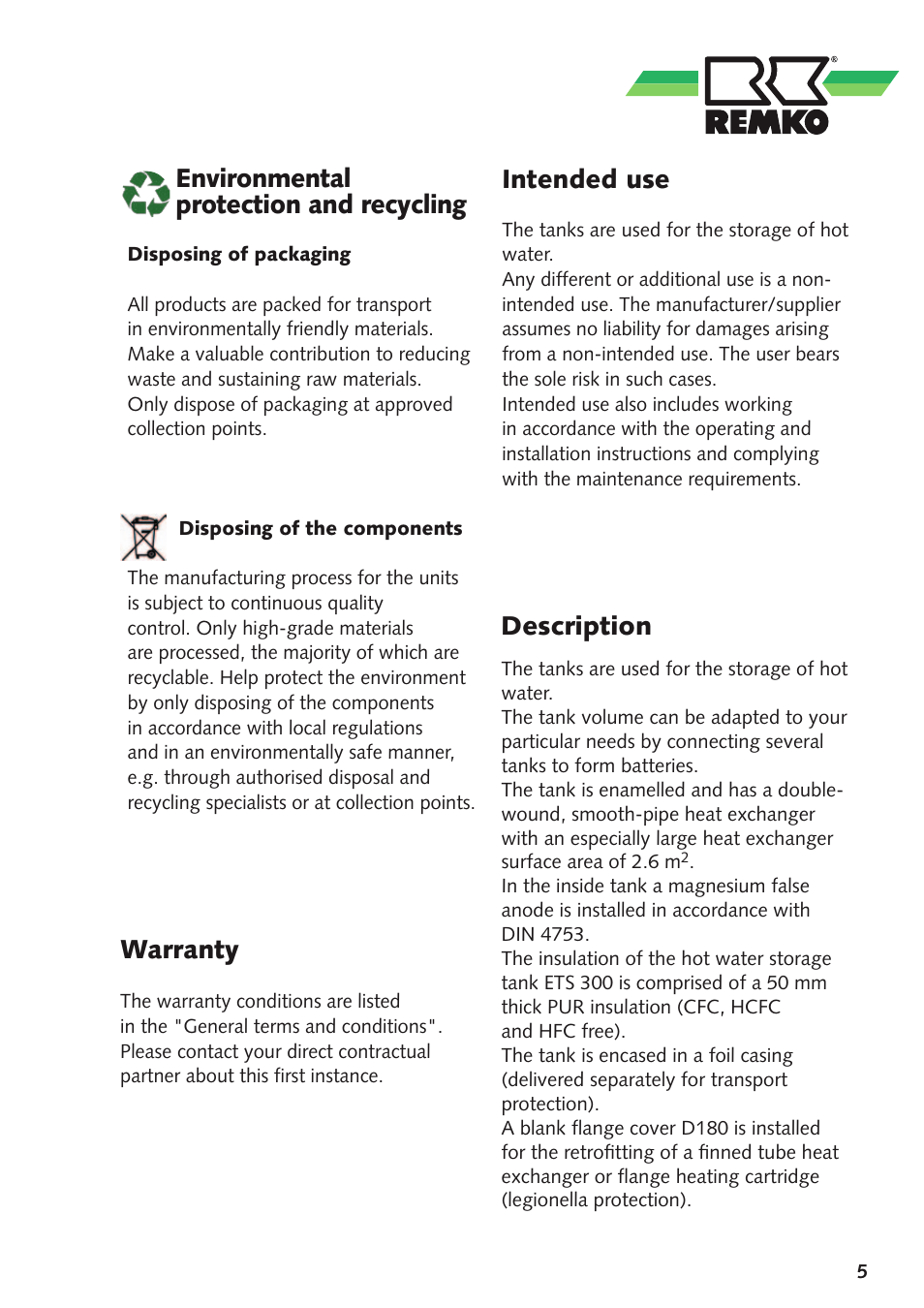 Warranty, Environmental protection and recycling, Intended use | Description | REMKO ETS300 User Manual | Page 5 / 20