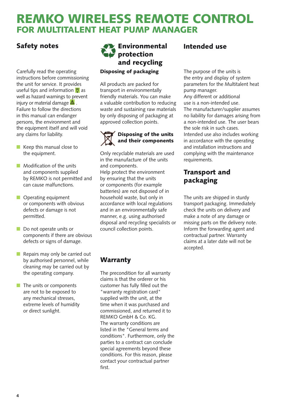 Remko wireless remote control, For multitalent heat pump manager, Environmental protection and recycling | Transport and packaging, Intended use | REMKO MHP-Manager Wireless Remote Control User Manual | Page 4 / 32