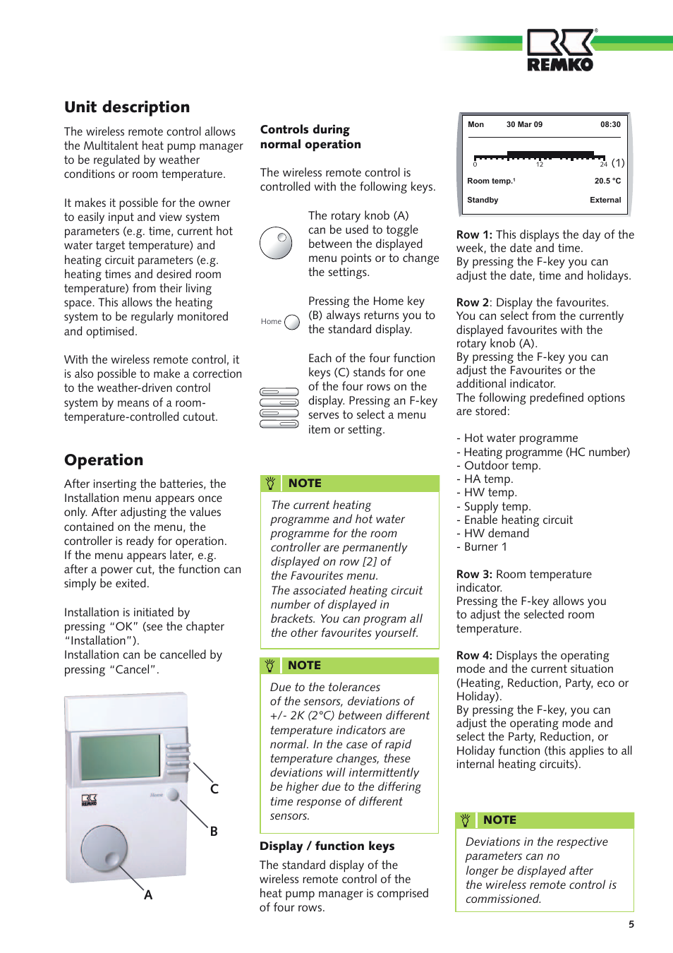 Unit description, Operation, Cb a | REMKO MHP-Manager Wireless Remote Control User Manual | Page 5 / 32