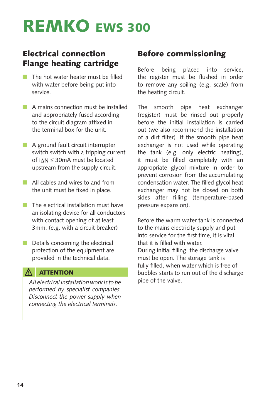 Remko, Ews 300, Before commissioning | Electrical connection flange heating cartridge | REMKO EWS300 User Manual | Page 14 / 20