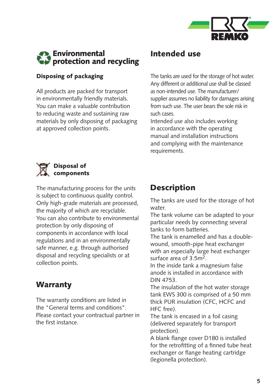 Warranty, Environmental protection and recycling, Intended use | Description | REMKO EWS300 User Manual | Page 5 / 20