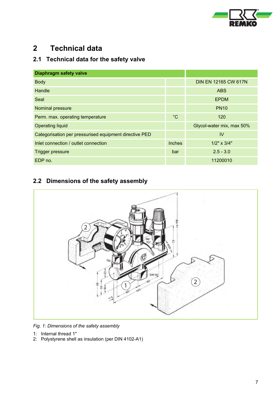 2 technical data, 1 technical data for the safety valve, 2 dimensions of the safety assembly | Technical data, Technical data for the safety valve, Dimensions of the safety assembly | REMKO Safety assembly User Manual | Page 7 / 12