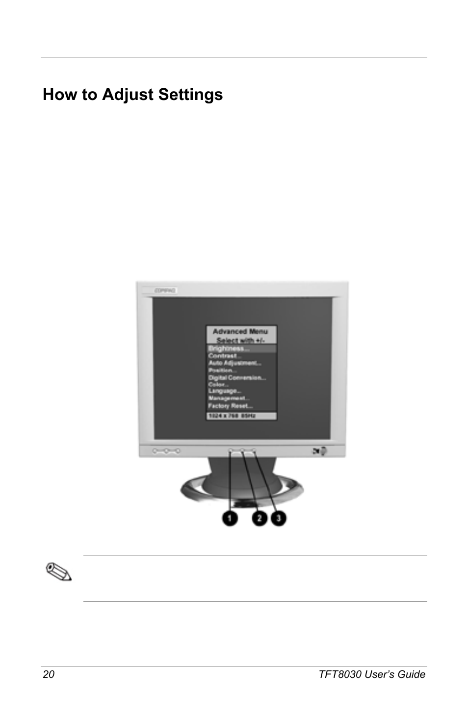 How to adjust settings | Compaq TFT8030 User Manual | Page 22 / 42