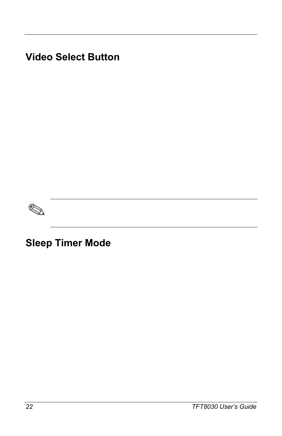 Video select button, Sleep timer mode | Compaq TFT8030 User Manual | Page 24 / 42