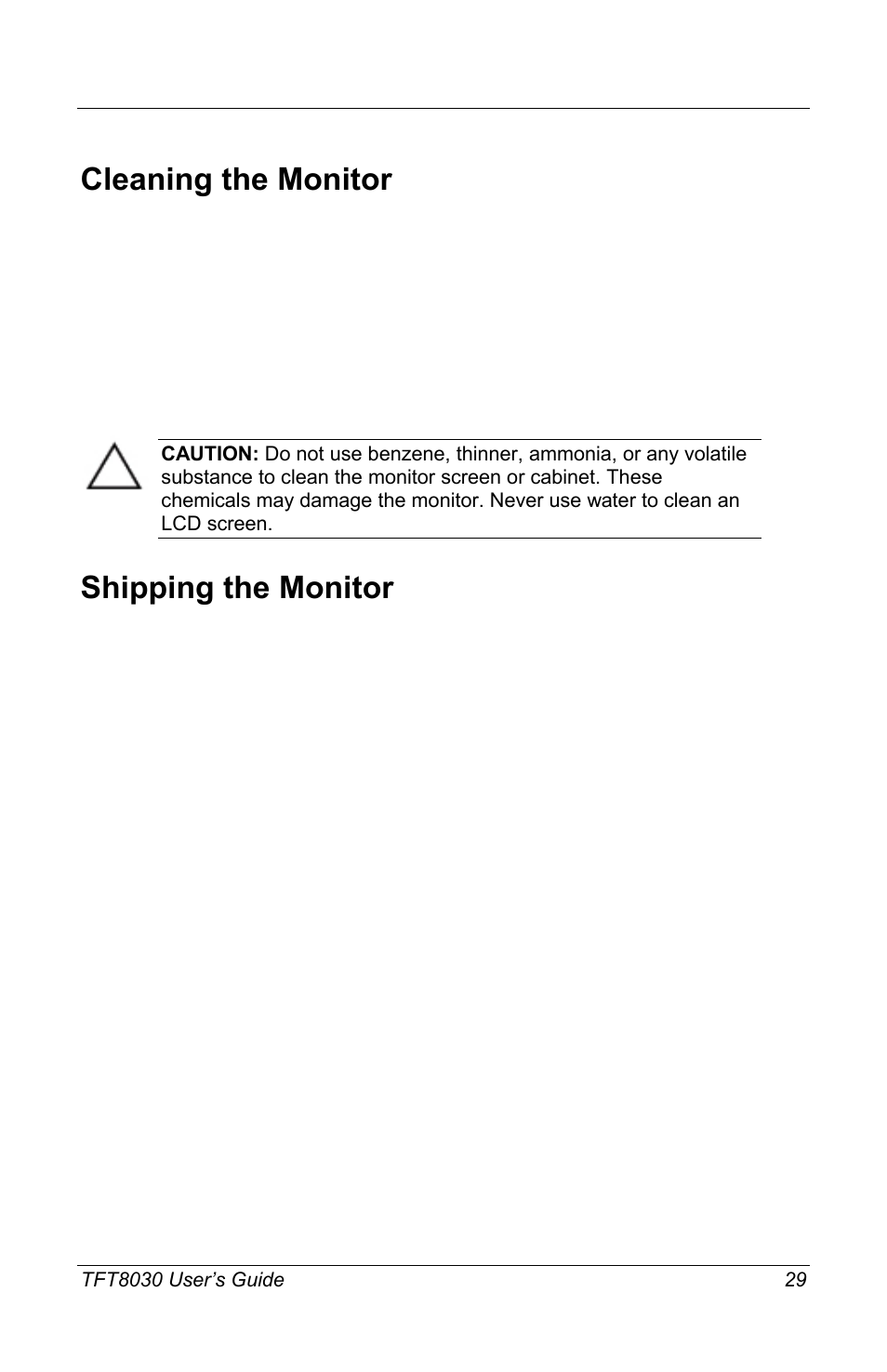 Cleaning the monitor, Shipping the monitor | Compaq TFT8030 User Manual | Page 31 / 42