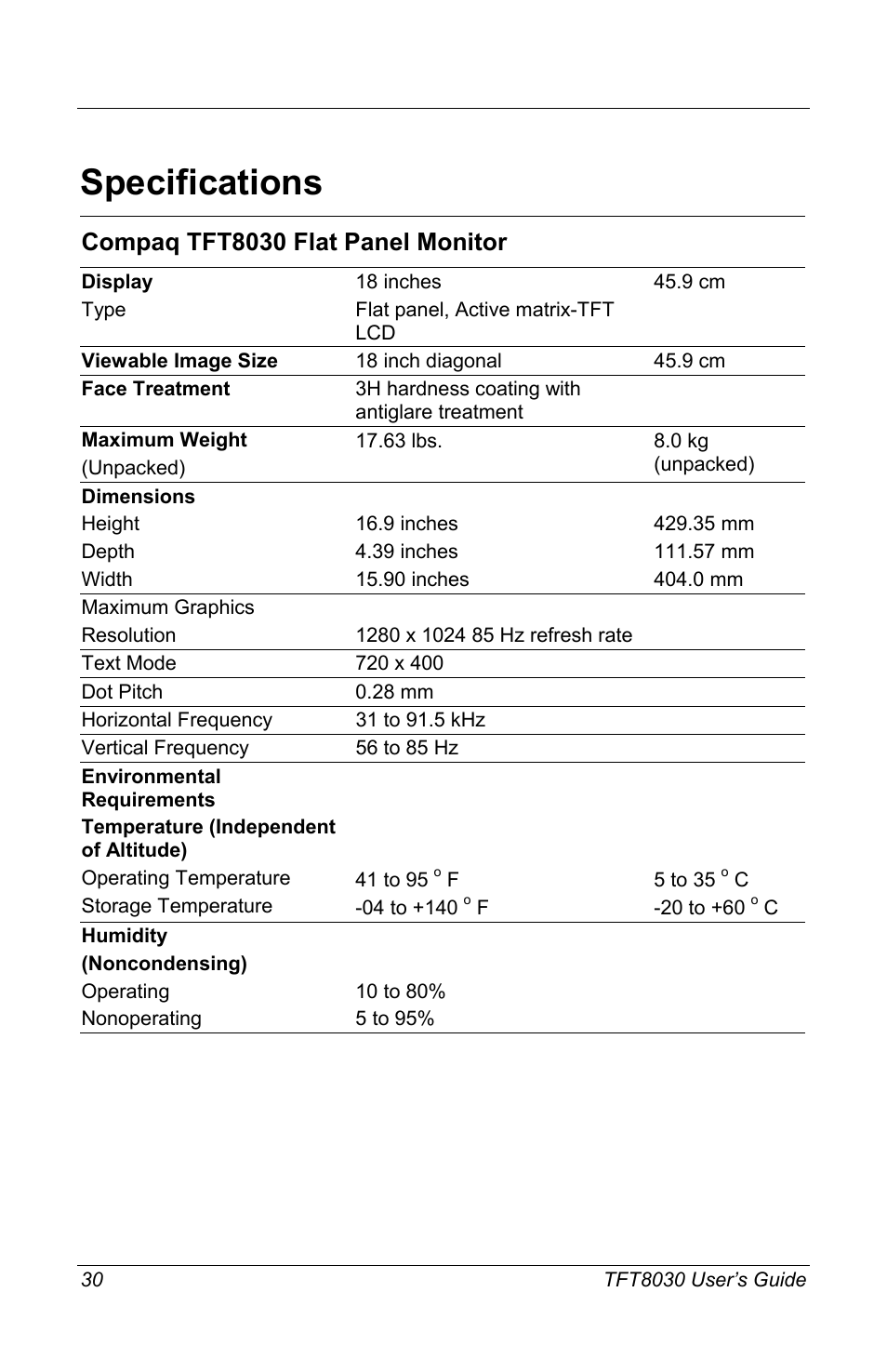 Specifications, Compaq tft8030 flat panel monitor | Compaq TFT8030 User Manual | Page 32 / 42