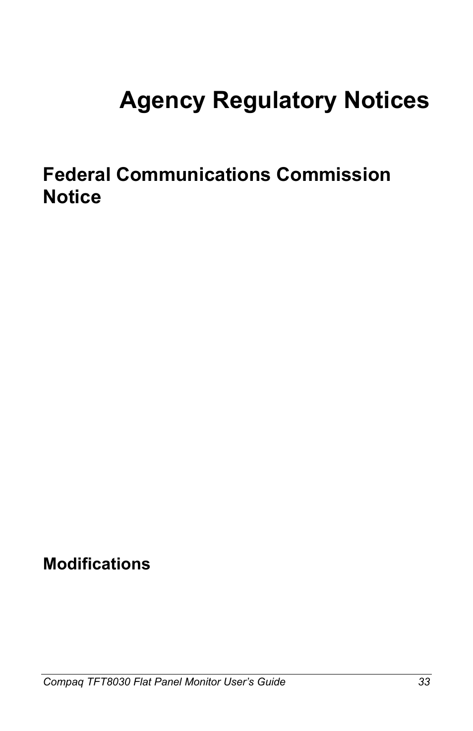 Agency regulatory notices, Federal communications commission notice, Modifications | Compaq TFT8030 User Manual | Page 34 / 42