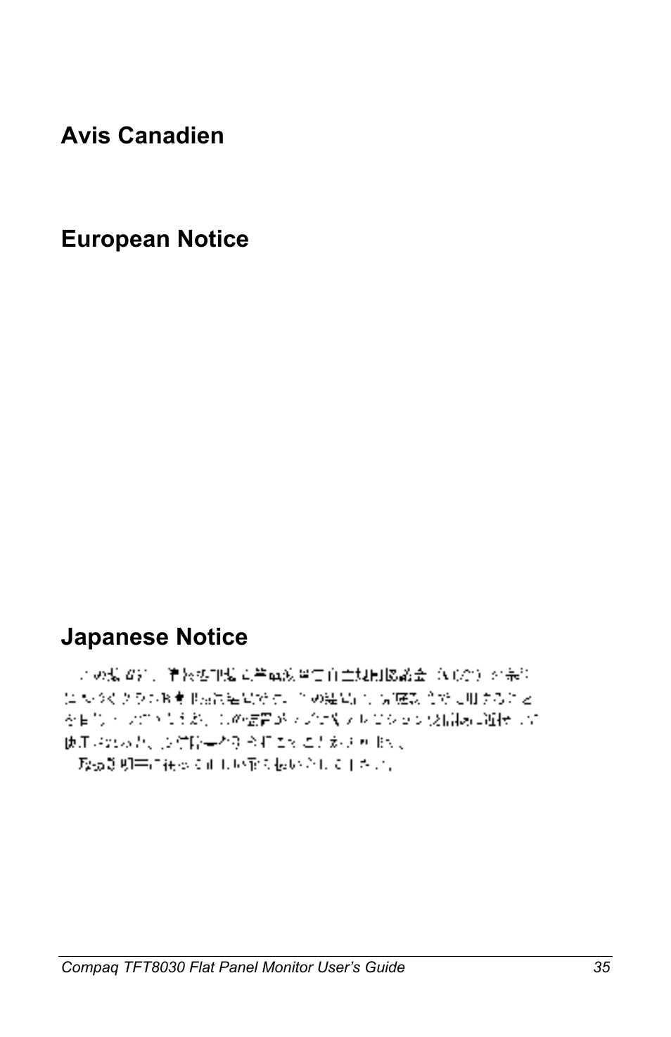Avis canadien, European notice, Japanese notice | Compaq TFT8030 User Manual | Page 36 / 42