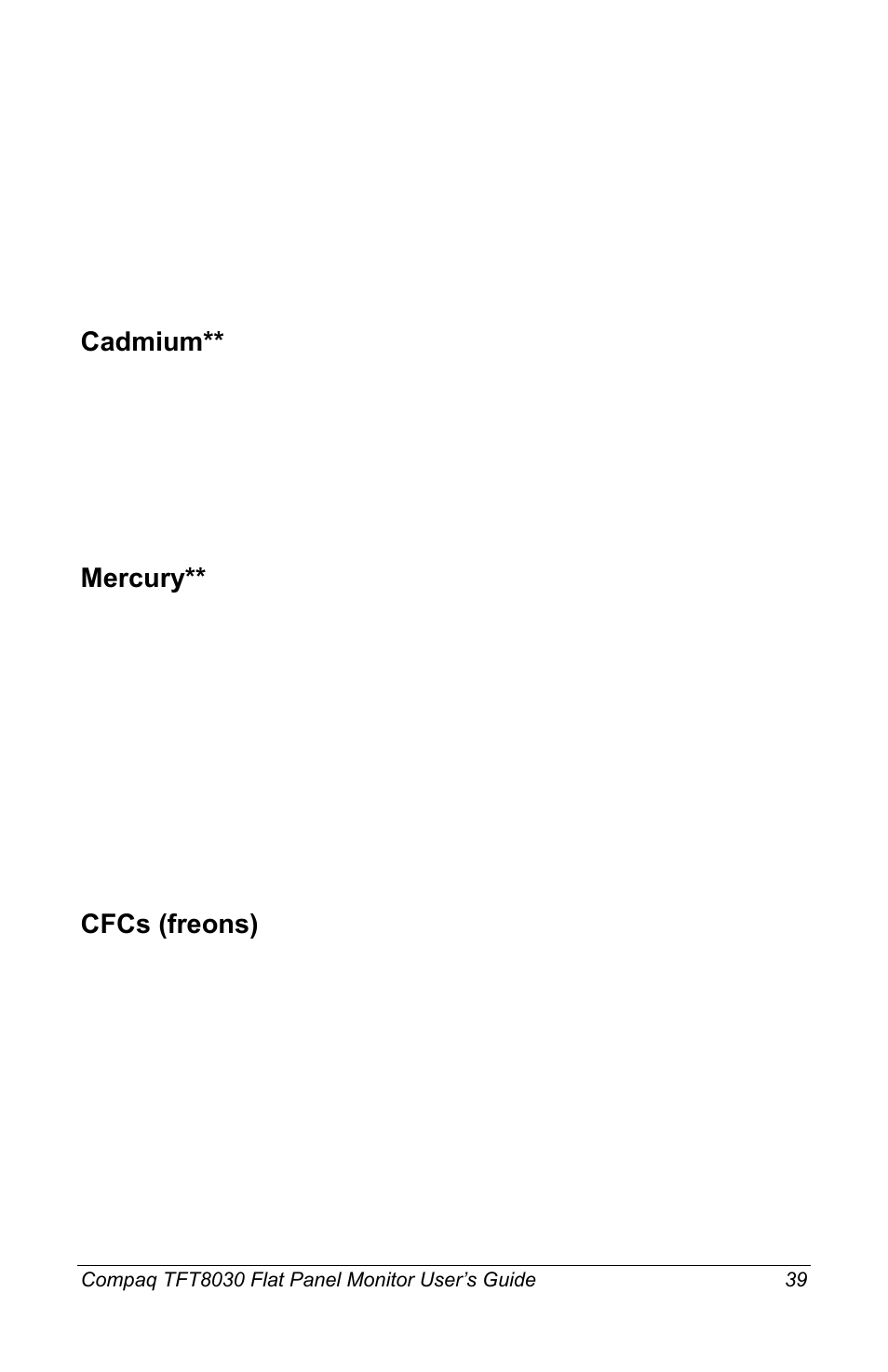 Cadmium, Mercury, Cfcs (freons) | Compaq TFT8030 User Manual | Page 40 / 42