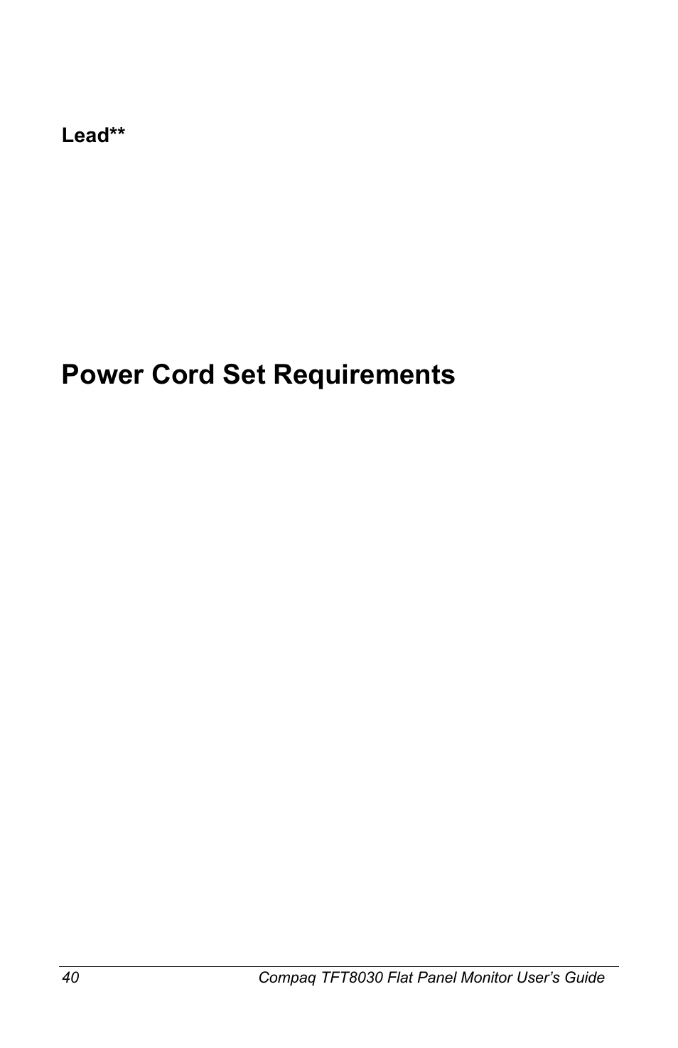Lead, Power cord set requirements | Compaq TFT8030 User Manual | Page 41 / 42