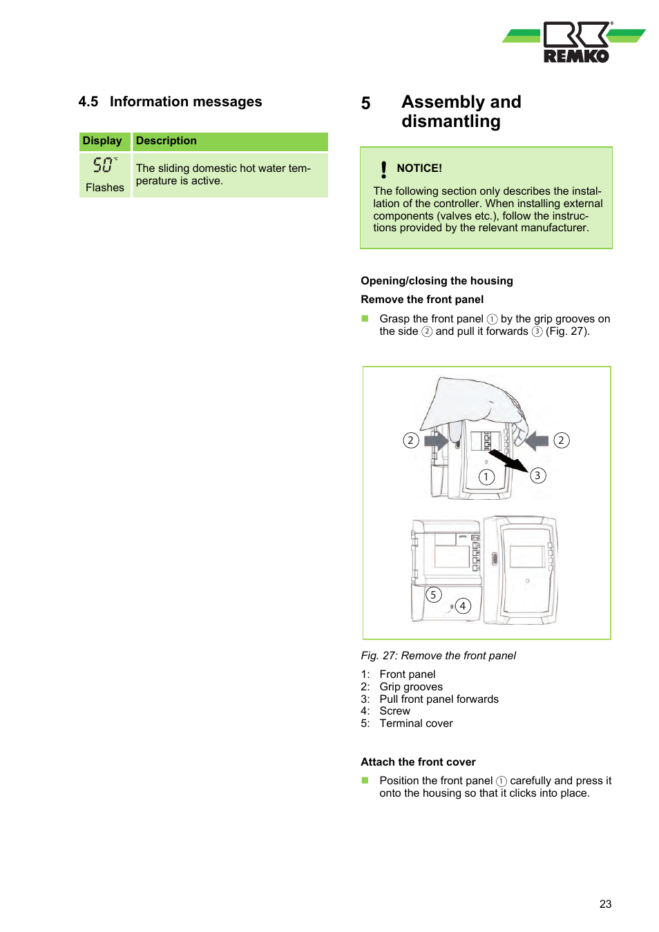 5 information messages, 5 assembly and dismantling, Assembly and dismantling | Information messages | REMKO EFS 25-35 User Manual | Page 23 / 40