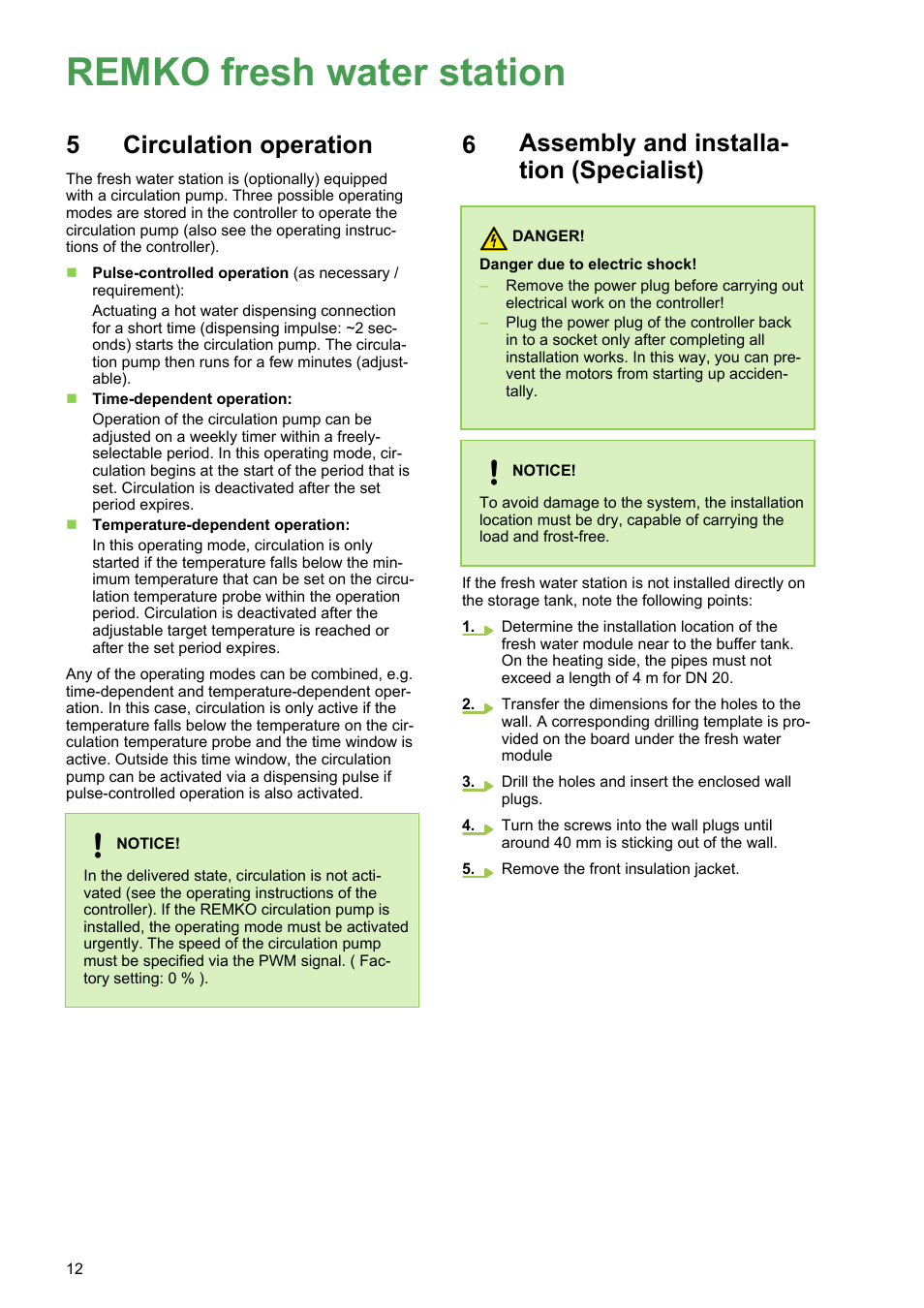 5 circulation operation, 6 assembly and installation (specialist), Circulation operation | Assembly and installation (specialist), Remko fresh water station, Assembly and installa- tion (specialist) | REMKO EFS 25 User Manual | Page 12 / 24