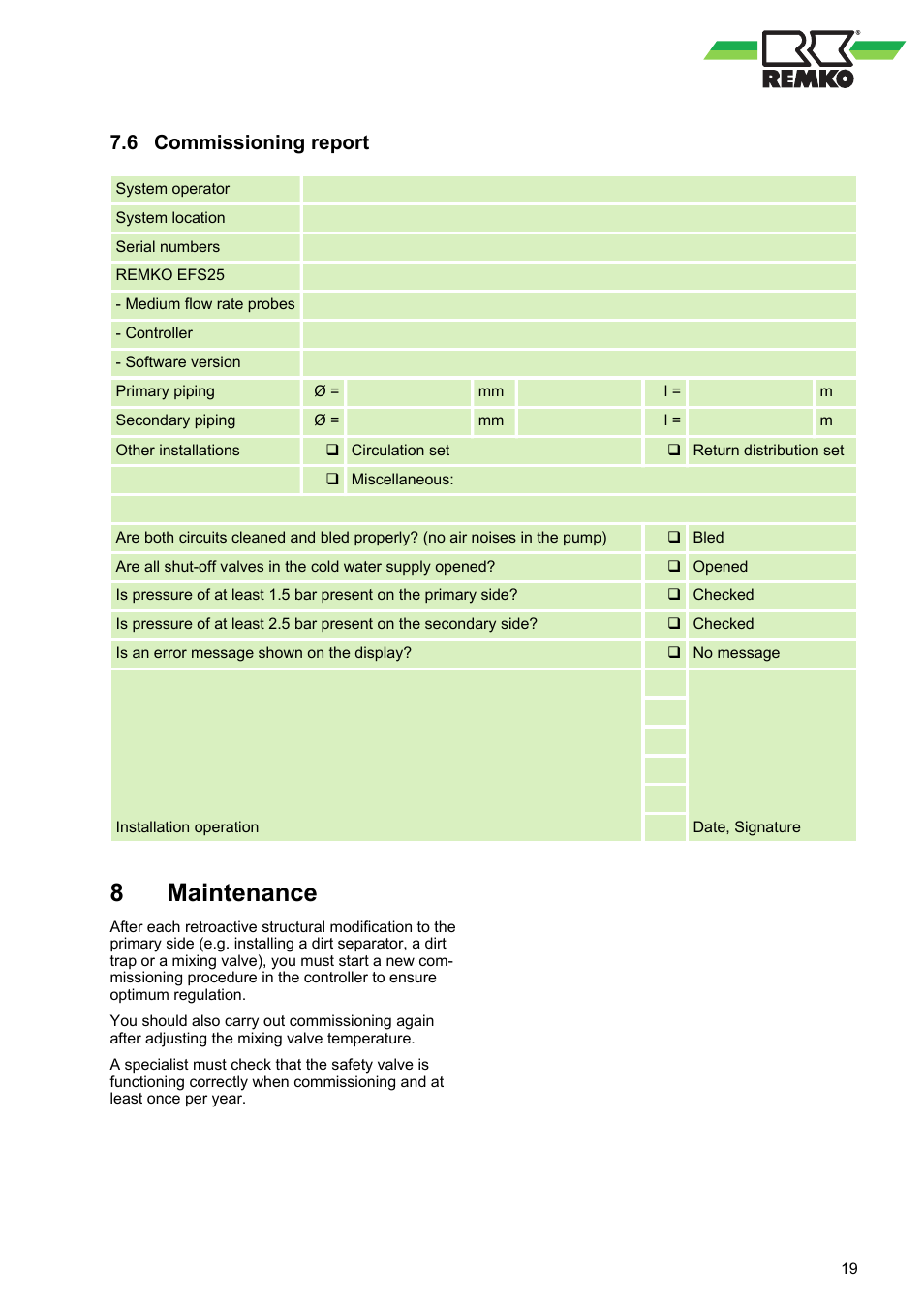 6 commissioning report, 8 maintenance, Maintenance | Commissioning report | REMKO EFS 25 User Manual | Page 19 / 24
