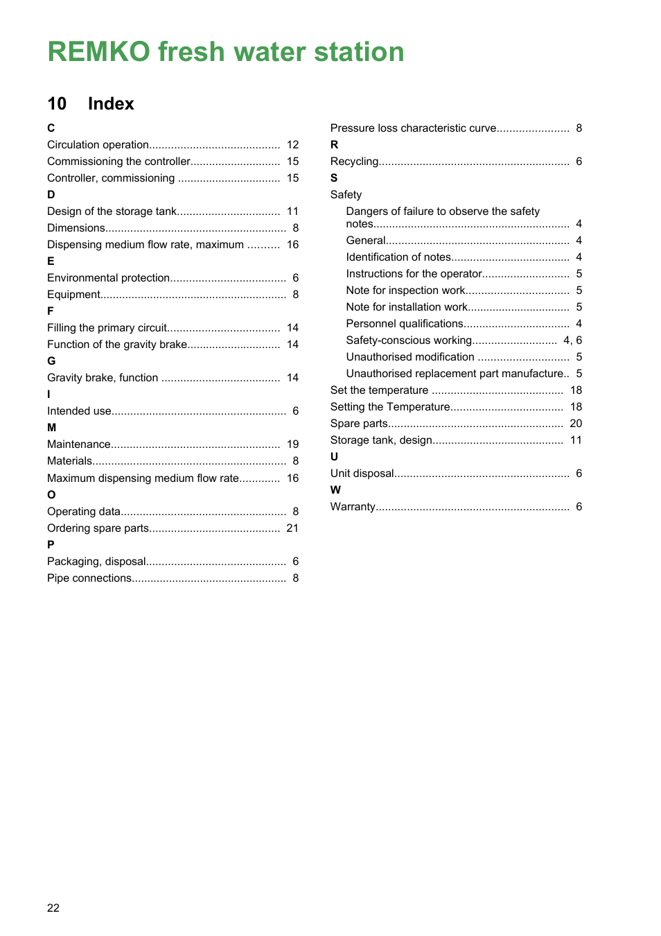 10 index, Index, Remko fresh water station | REMKO EFS 25 User Manual | Page 22 / 24