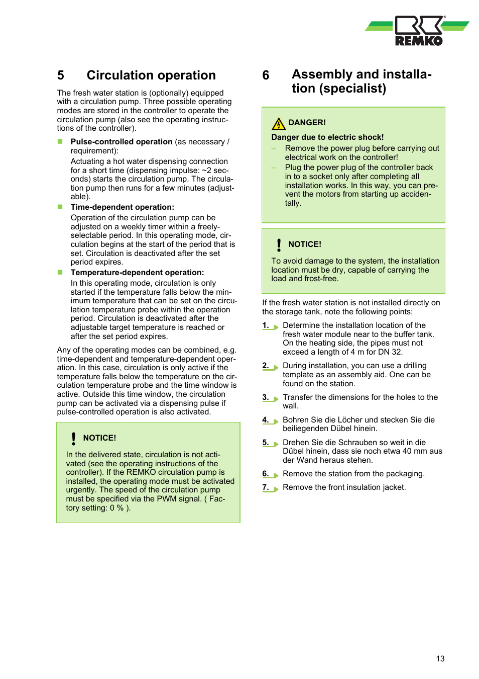 5 circulation operation, 6 assembly and installation (specialist), Circulation operation | Assembly and installation (specialist), Assembly and installa- tion (specialist) | REMKO EFS 35 User Manual | Page 13 / 28