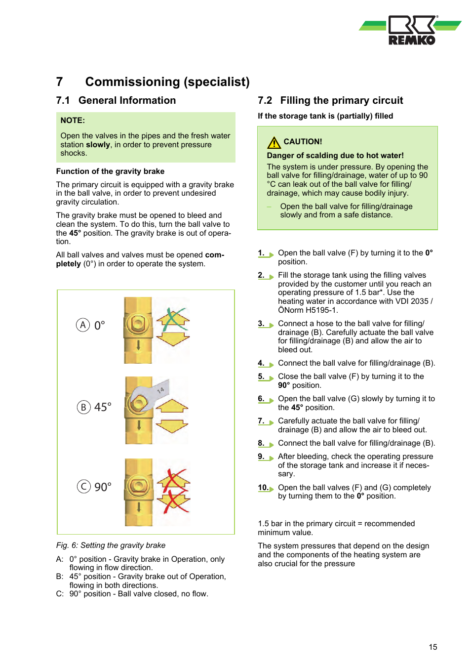 7 commissioning (specialist), 1 general information, 2 filling the primary circuit | Commissioning (specialist), General information, Ba c, Filling the primary circuit | REMKO EFS 35 User Manual | Page 15 / 28