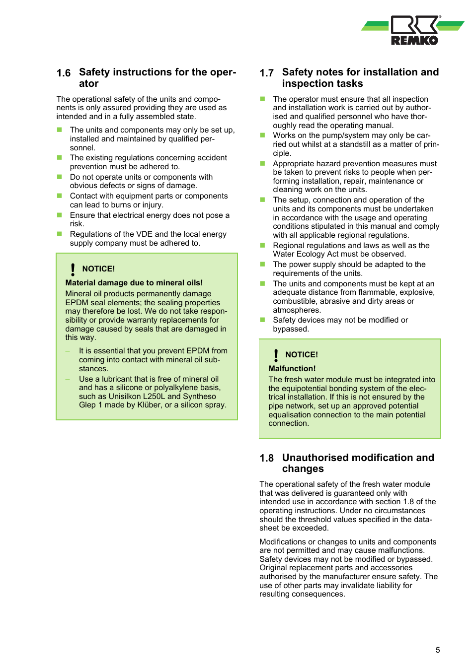 6 safety instructions for the operator, 8 unauthorised modification and changes, Safety instructions for the oper- ator | Unauthorised modification and changes | REMKO EFS 35 User Manual | Page 5 / 28