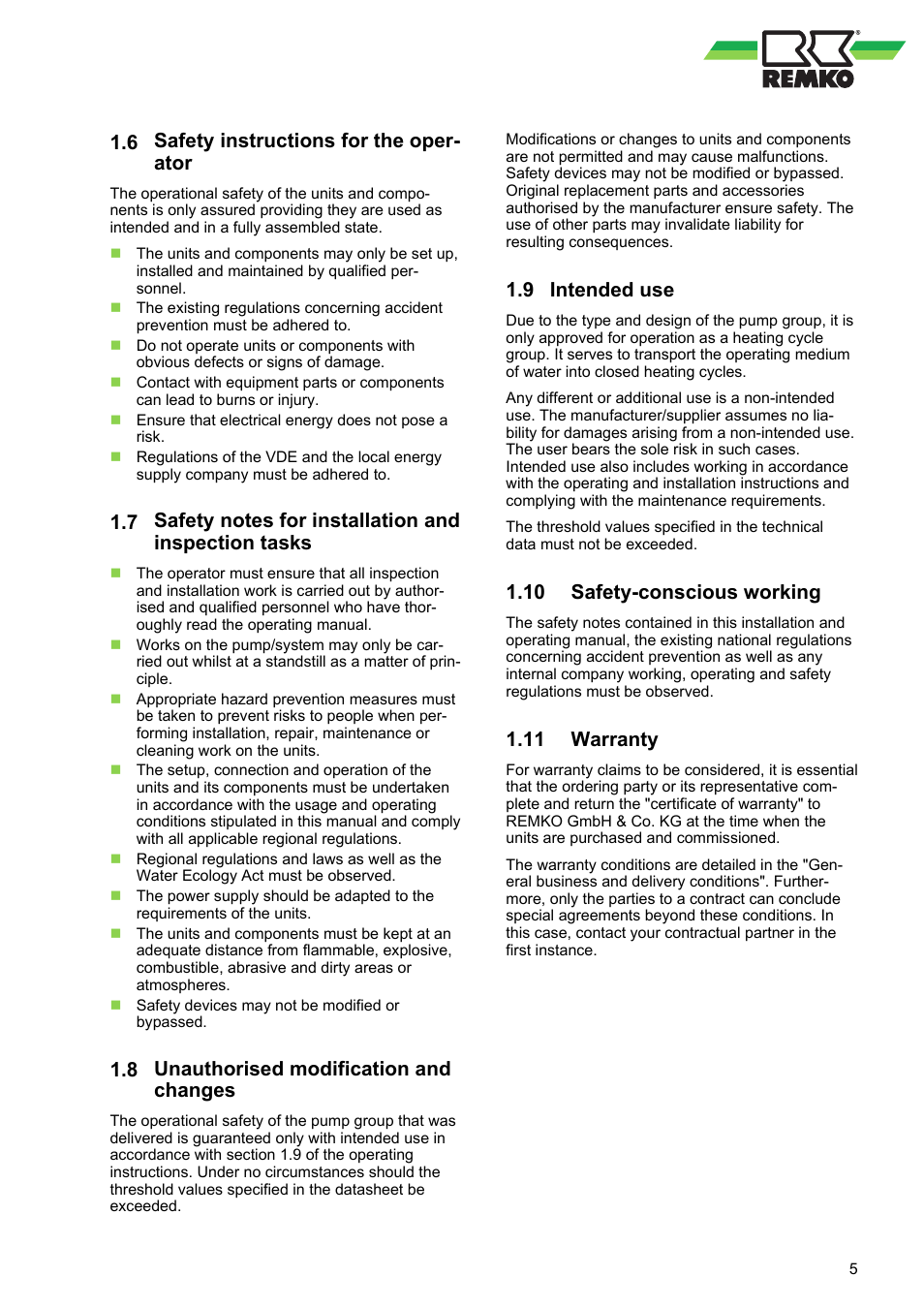 6 safety instructions for the operator, 8 unauthorised modification and changes, 9 intended use | 10 safety-conscious working, 11 warranty, Safety instructions for the oper- ator, Unauthorised modification and changes, Intended use, Safety-conscious working, Warranty | REMKO HGM-HGU User Manual | Page 5 / 32