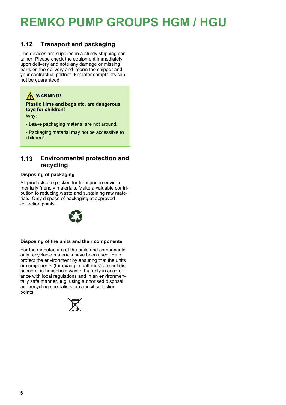 12 transport and packaging, 13 environmental protection and recycling, Remko pump groups hgm / hgu | Transport and packaging, Environmental protection and recycling | REMKO HGM-HGU User Manual | Page 6 / 32