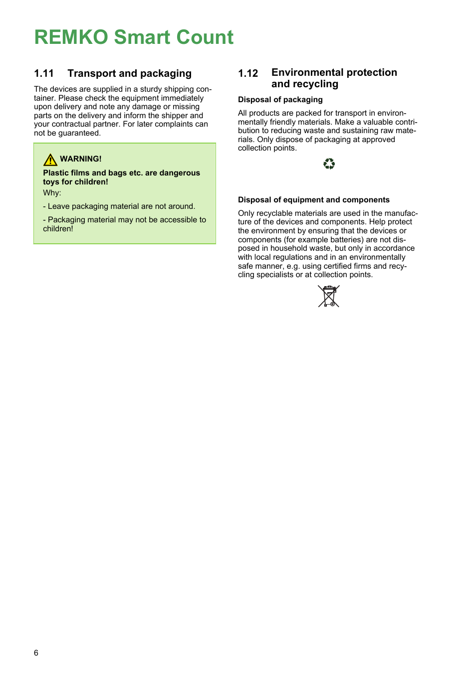 11 transport and packaging, 12 environmental protection and recycling, Remko smart count | Transport and packaging, Environmental protection and recycling | REMKO Smart Count Activation User Manual | Page 6 / 12