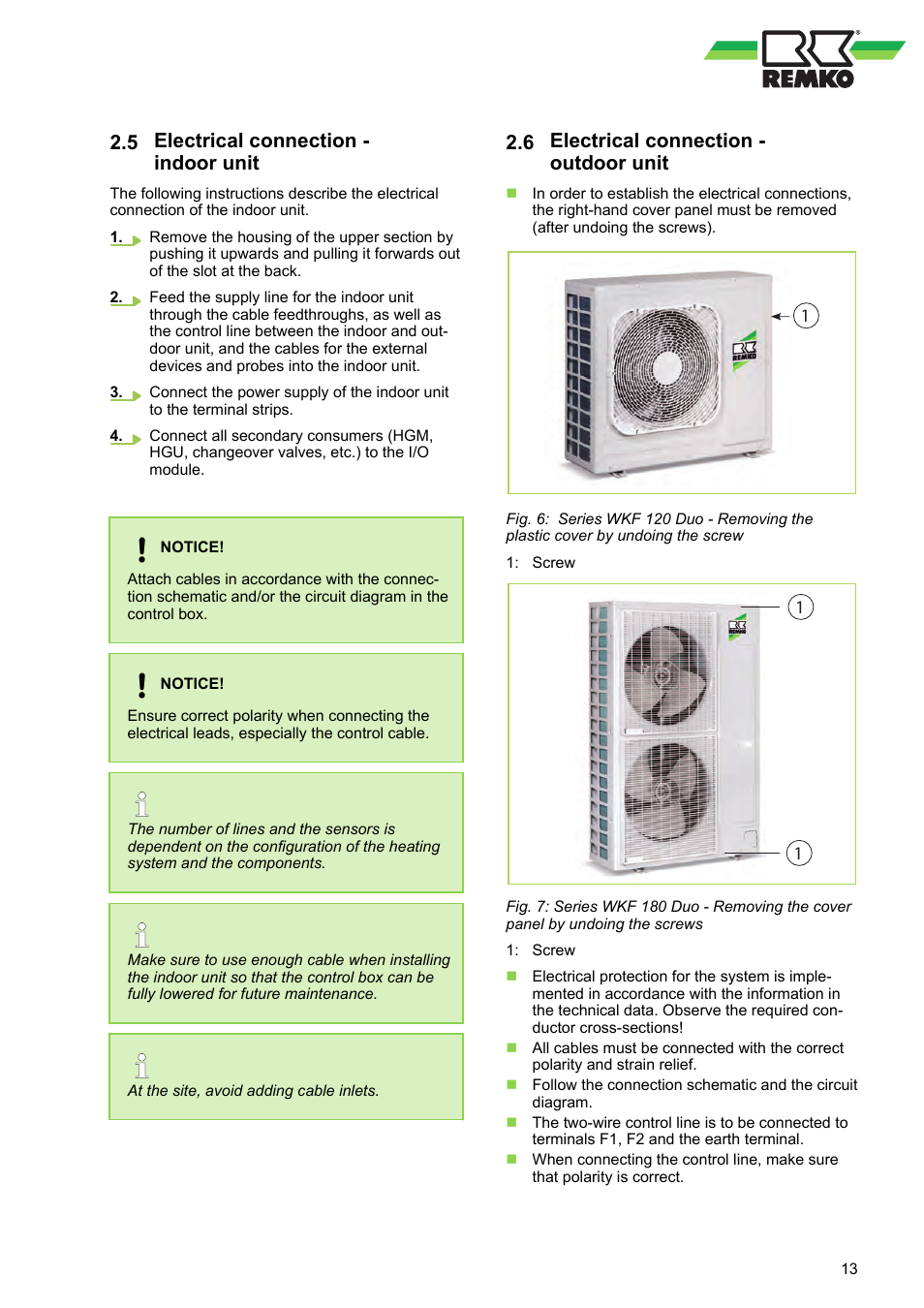 5 electrical connection - indoor unit, 6 electrical connection - outdoor unit, Electrical connection - indoor unit | Electrical connection - outdoor unit | REMKO WKF-120-180Duo Electrical wiring User Manual | Page 13 / 44