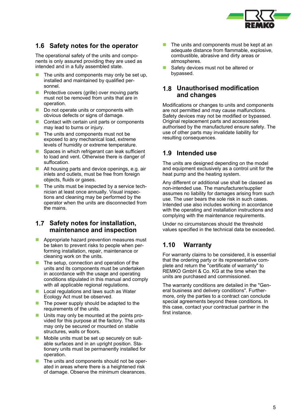 6 safety notes for the operator, 8 unauthorised modification and changes, 9 intended use | 10 warranty, Unauthorised modification and changes, Intended use, Warranty | REMKO WPM-Smart-Control-Manual for specialists-WKF-085 User Manual | Page 5 / 84