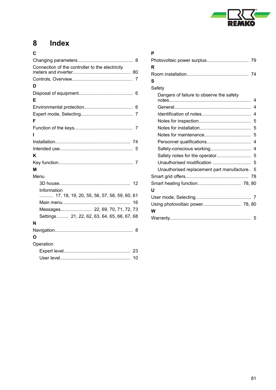 8 index, Index | REMKO WPM-Smart-Control-Manual for specialists-WKF-085 User Manual | Page 81 / 84