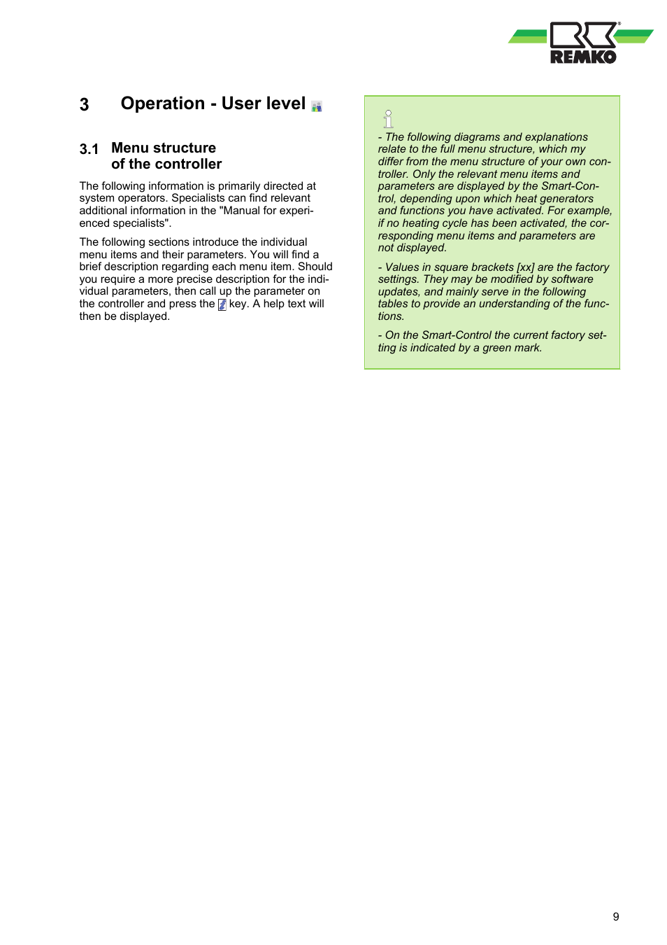 3 operation - user level, 1 menu structure of the controller, Operation - user level | Menu structure of the controller | REMKO WPM-Smart-Control-Manual for specialists-WKF-120 User Manual | Page 9 / 100