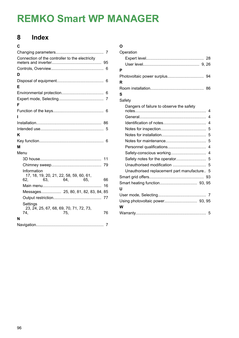 8 index, Index, Remko smart wp manager | REMKO WPM-Smart-Control-Manual for specialists-WKF-120 User Manual | Page 96 / 100