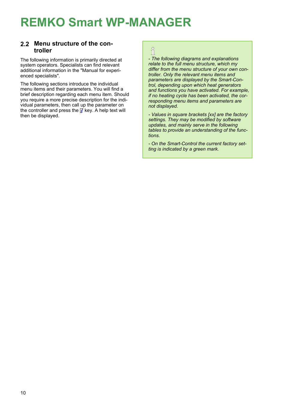 2 menu structure of the controller, Remko smart wp-manager | REMKO WPM-Smart-Control-Manual for users-WKF-180 User Manual | Page 10 / 36
