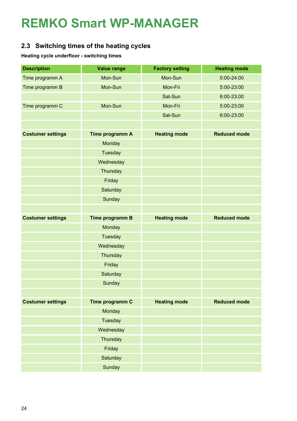 3 switching times of the heating cycles, Remko smart wp-manager, Switching times of the heating cycles | REMKO WPM-Smart-Control-Manual for users-WKF-180 User Manual | Page 24 / 36