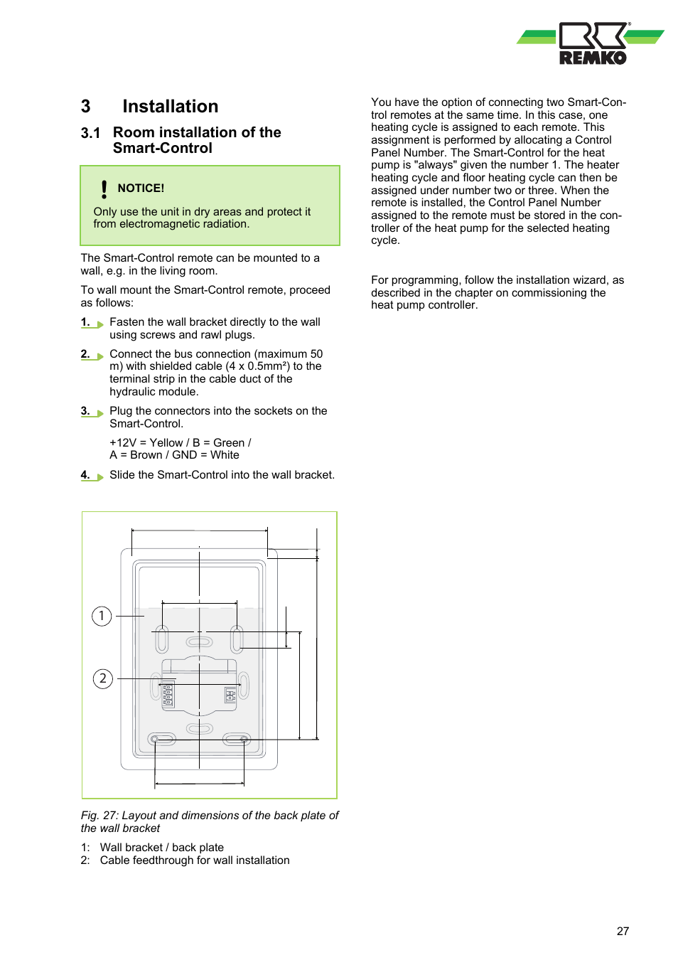 3 installation, 1 room installation of the smart-control, Installation | Room installation of the smart-control | REMKO WPM-Smart-Control-Manual for users-WKF-180 User Manual | Page 27 / 36