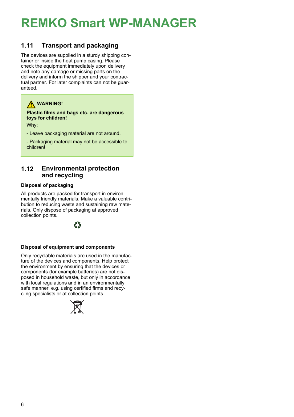 11 transport and packaging, 12 environmental protection and recycling, Remko smart wp-manager | Transport and packaging, Environmental protection and recycling | REMKO WPM-Smart-Control-Manual for users-WKF-180 User Manual | Page 6 / 36