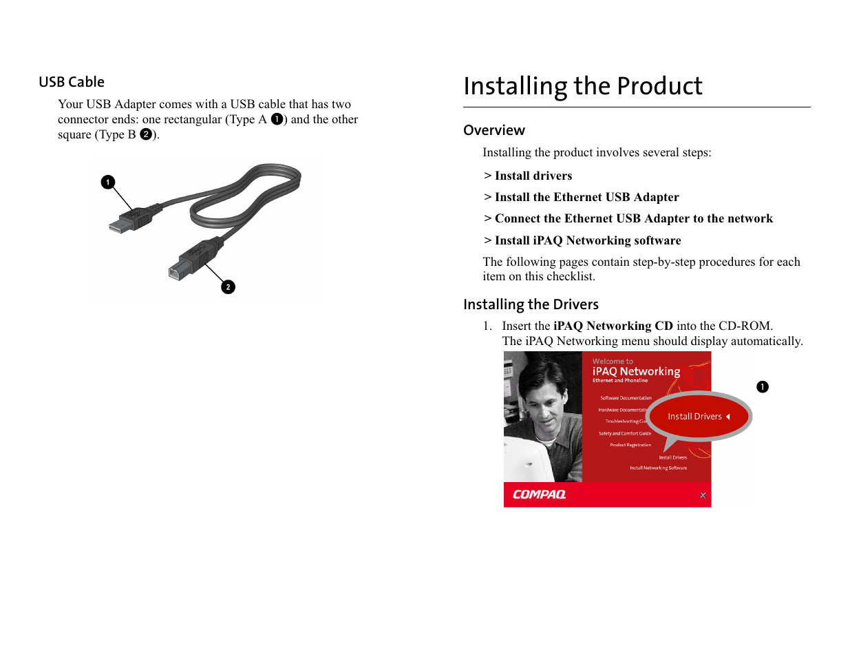 Usb cable, Installing the product, Overview | Installing the drivers | Compaq iPaq HNE-200 User Manual | Page 6 / 10
